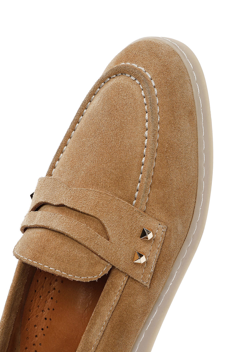 Women's Beige Stone Detailed Suede Leather Loafer