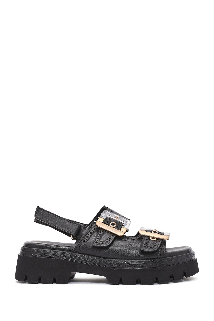 Women's Black Buckled Strappy Thick Soled Leather Sandals 25SFD202318 | Derimod