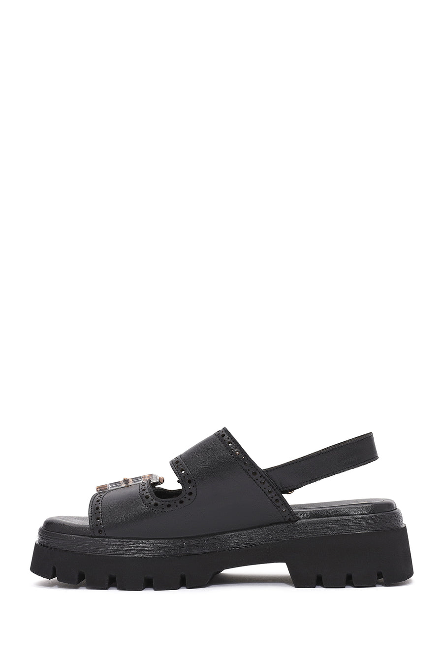 Women's Black Buckled Strappy Thick Soled Leather Sandals