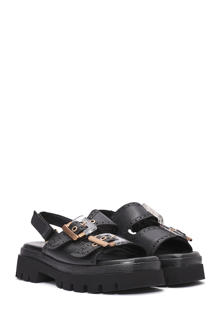 Women's Black Buckled Strappy Thick Soled Leather Sandals