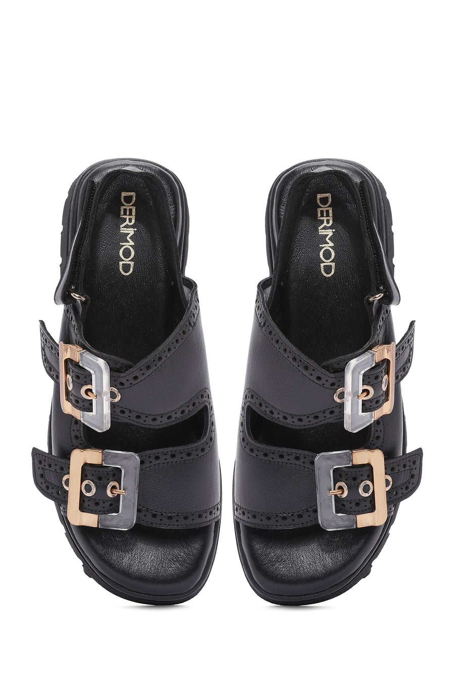 Women's Black Buckled Strappy Thick Soled Leather Sandals