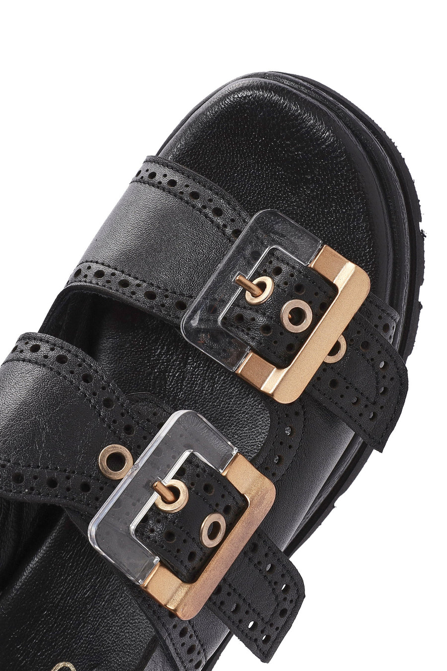 Women's Black Buckled Strappy Thick Soled Leather Sandals