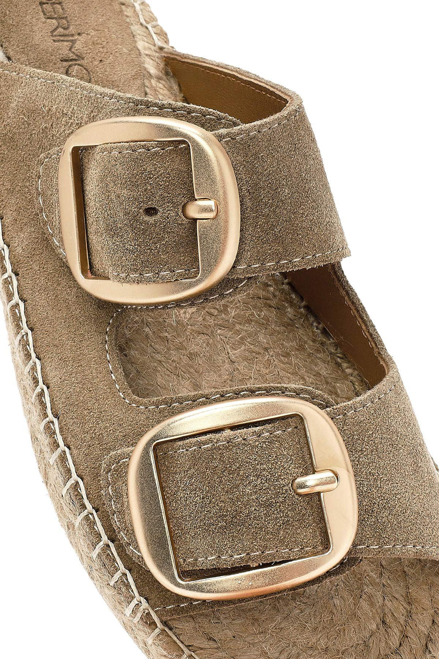 Women's Brown Buckled Suede Leather Espadrille Slippers