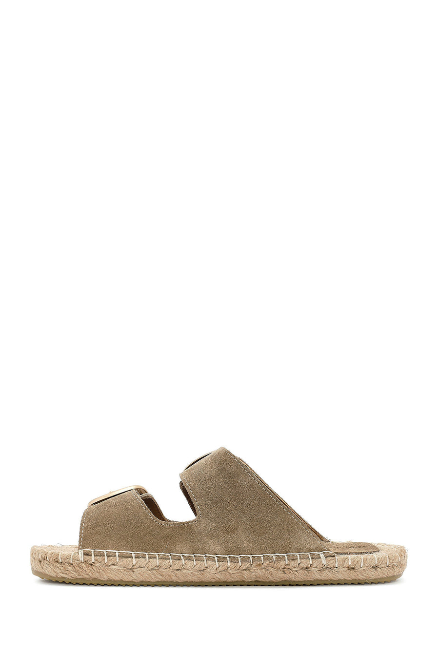 Women's Brown Buckled Suede Leather Espadrille Slippers