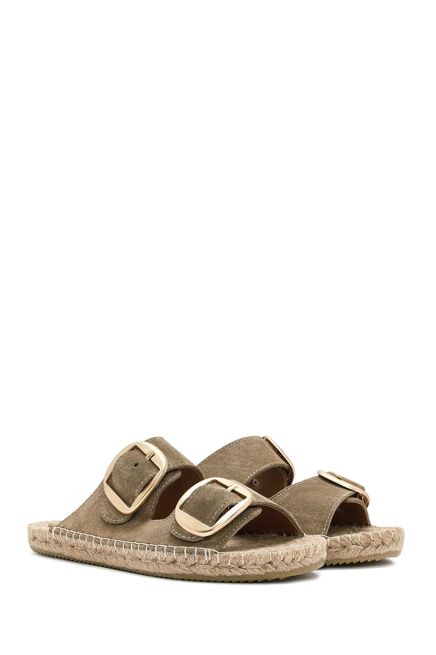 Women's Brown Buckled Suede Leather Espadrille Slippers