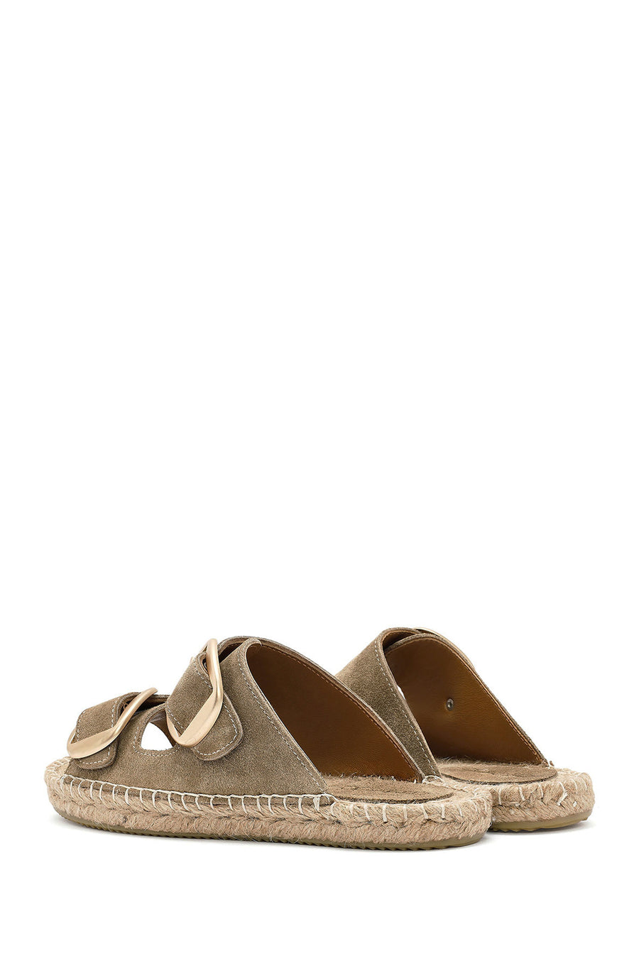 Women's Brown Buckled Suede Leather Espadrille Slippers