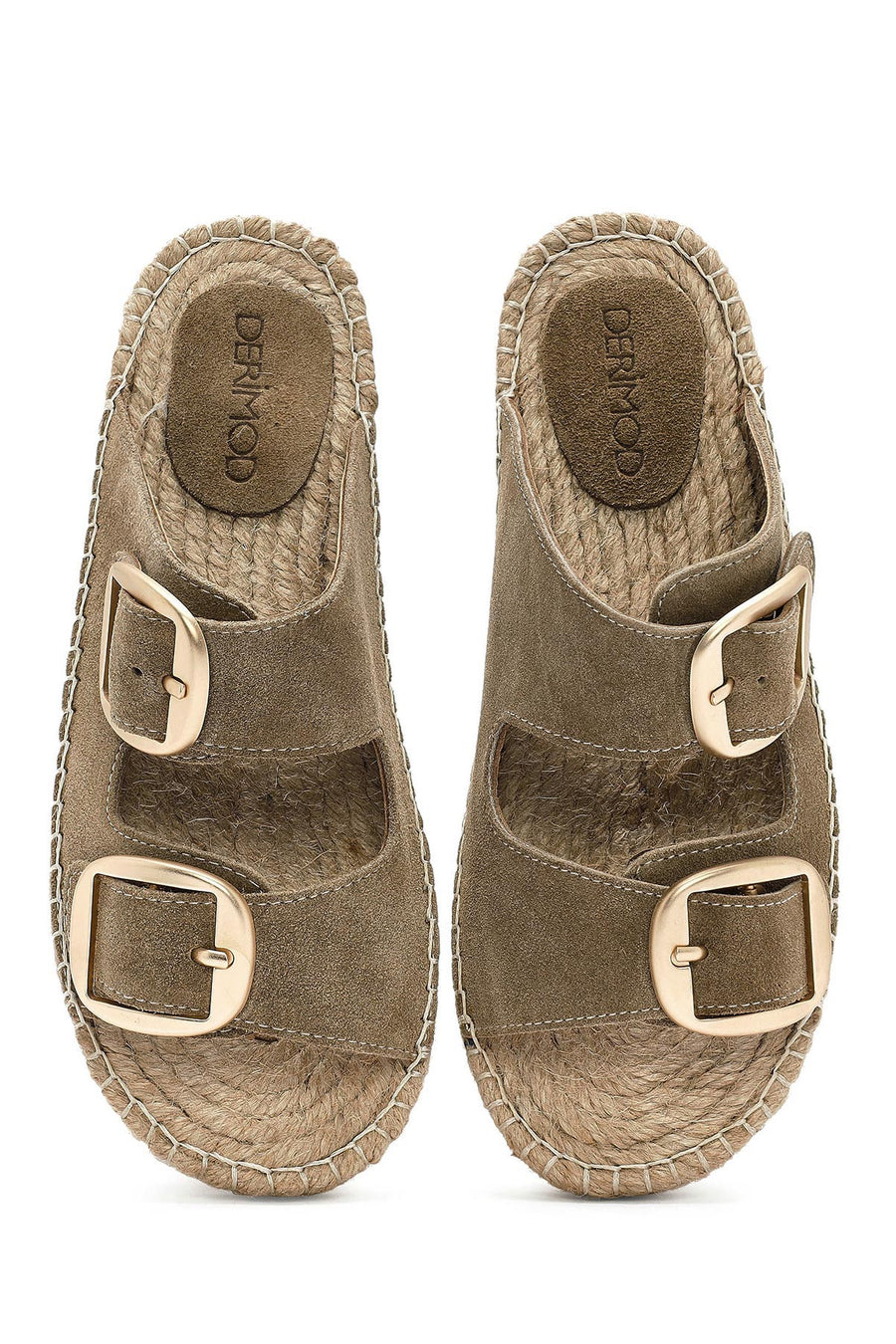 Women's Brown Buckled Suede Leather Espadrille Slippers