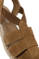 Women's Tan Suede Leather Espadrille Sandals | Derimod