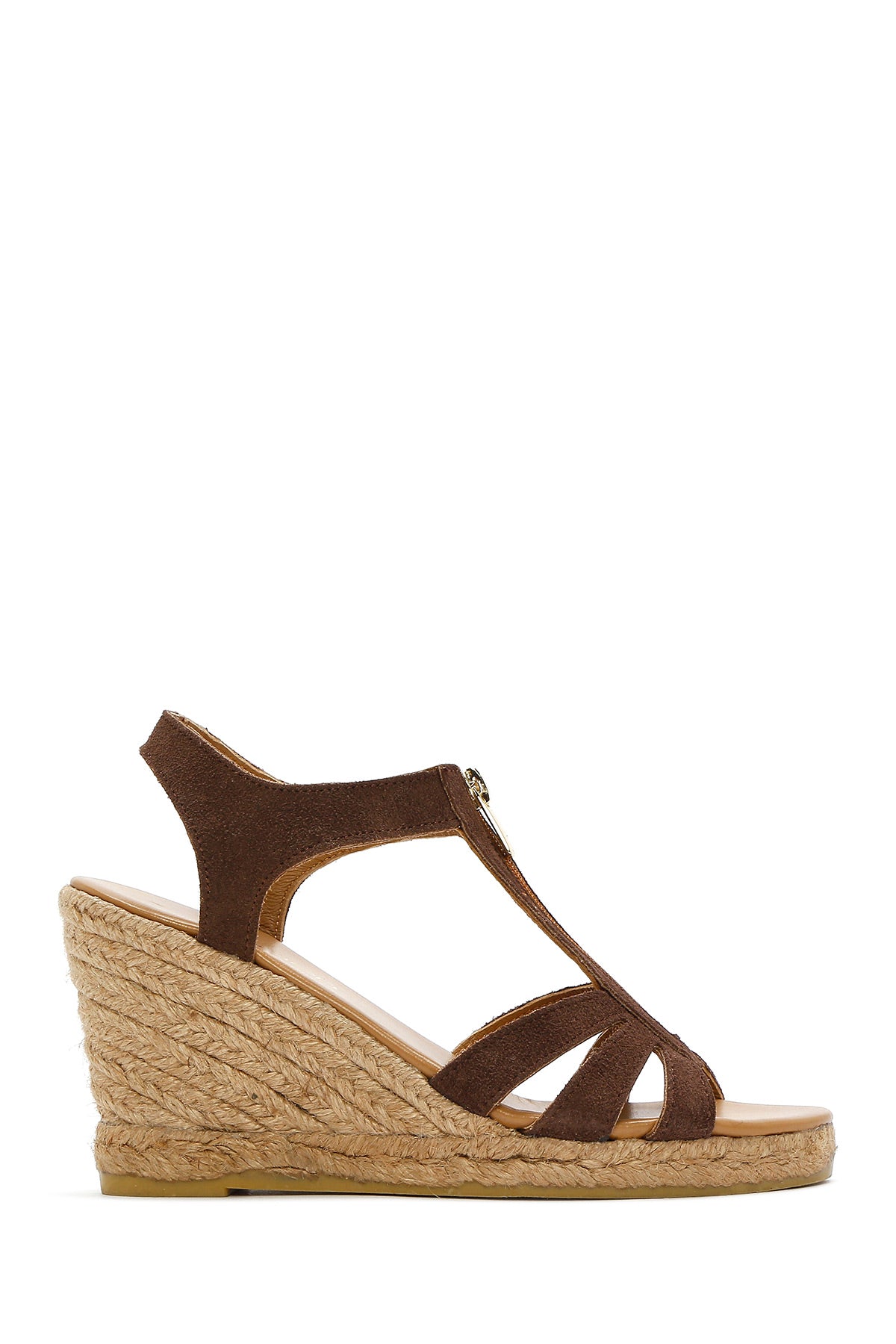 Women's Brown Zippered Wedge Heel Suede Leather Espadrilles 25SFD206010 | Derimod