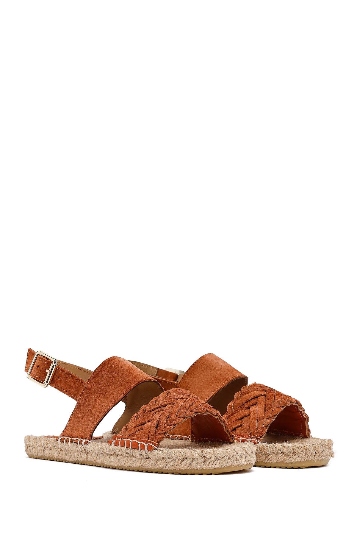 Kadın Turuncu Örgü Detaylı Süet Deri Espadril