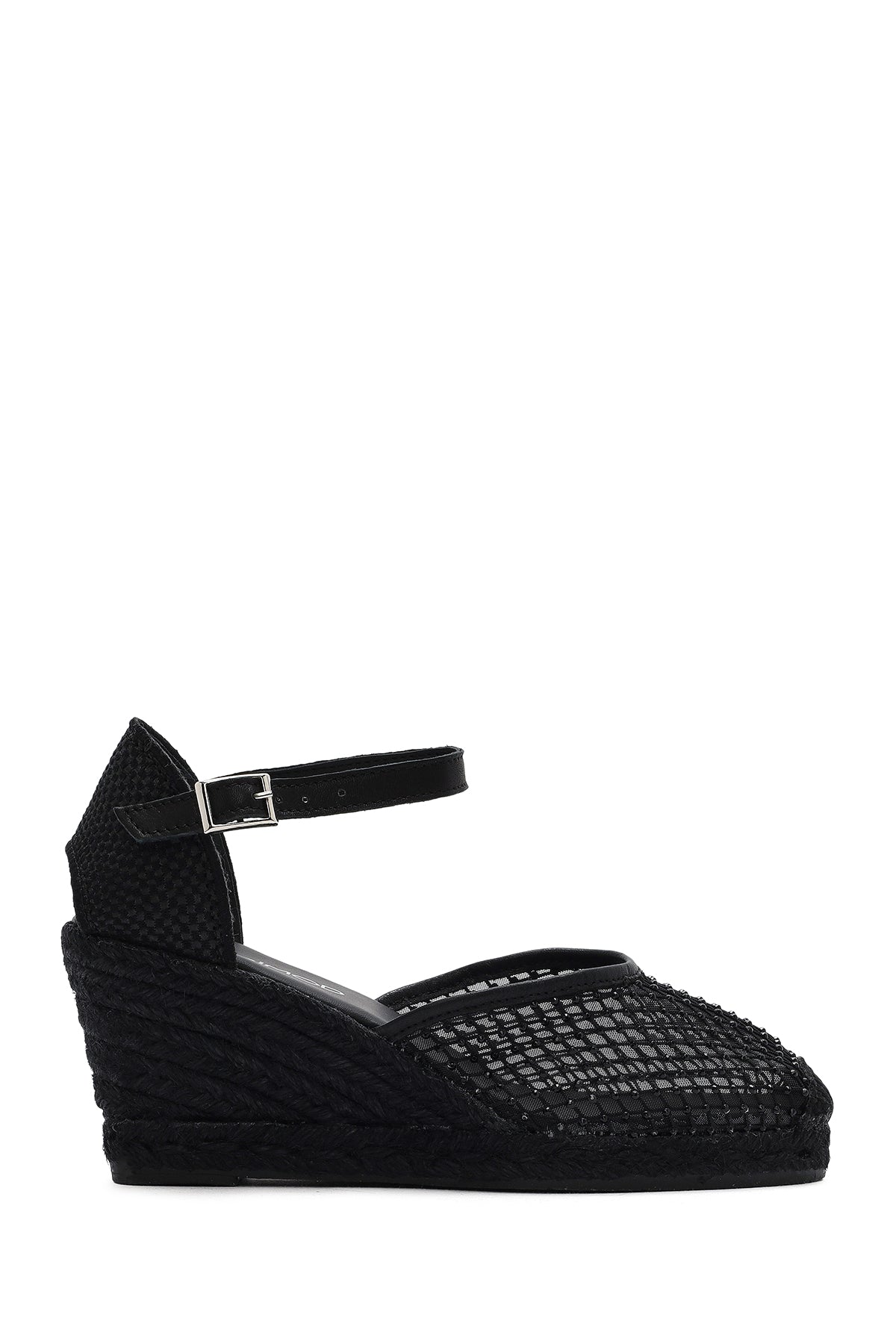 Women's Black Ankle Buckle Wedge Heel Espadrille Sandals