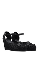 Women's Black Ankle Strap Patterned Wedge Heel Espadrilles | Derimod