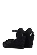Women's Black Ankle Strap Patterned Wedge Heel Espadrilles | Derimod