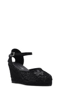 Women's Black Ankle Strap Patterned Wedge Heel Espadrilles | Derimod