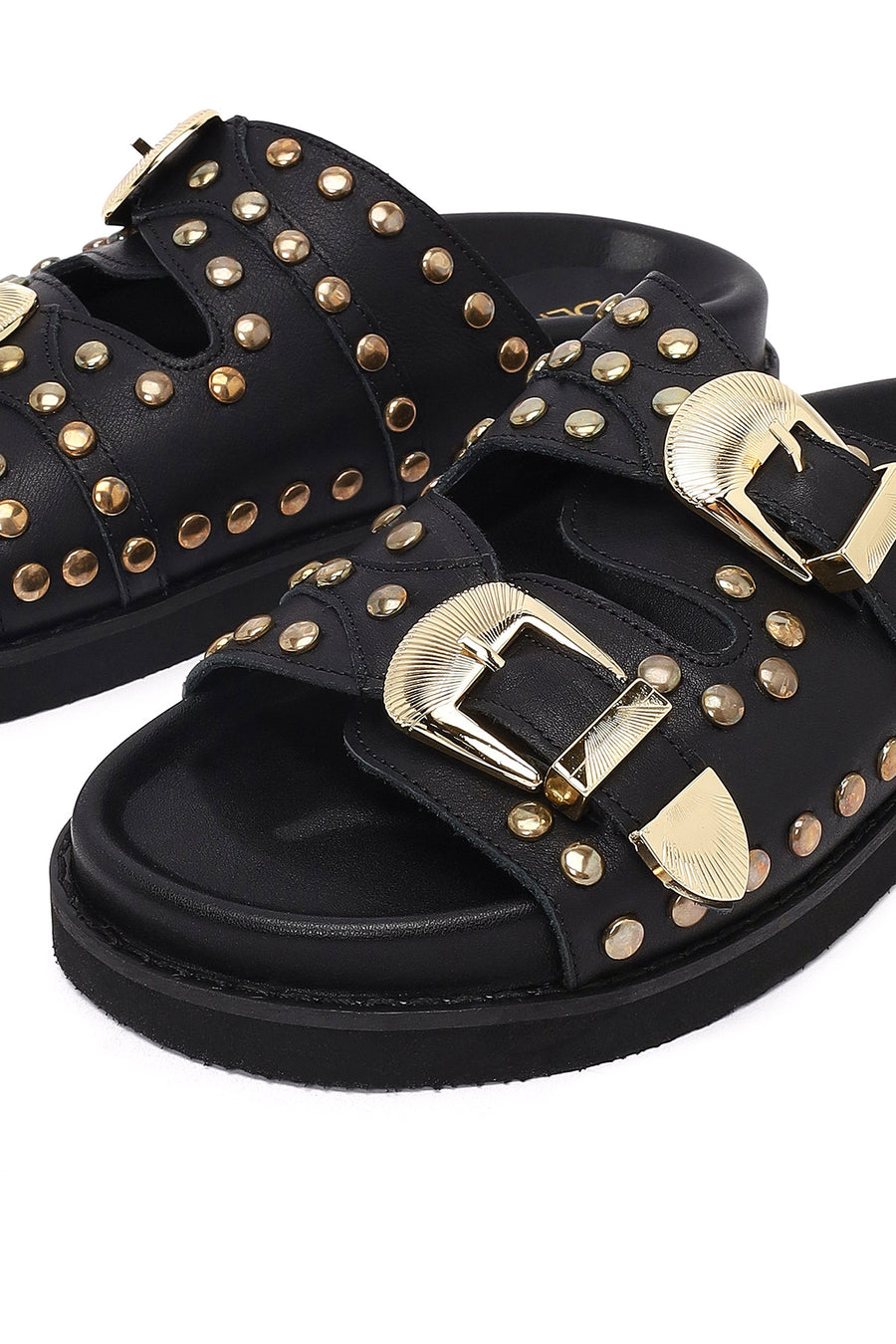 Women's Black Buckled Studded Leather Slippers