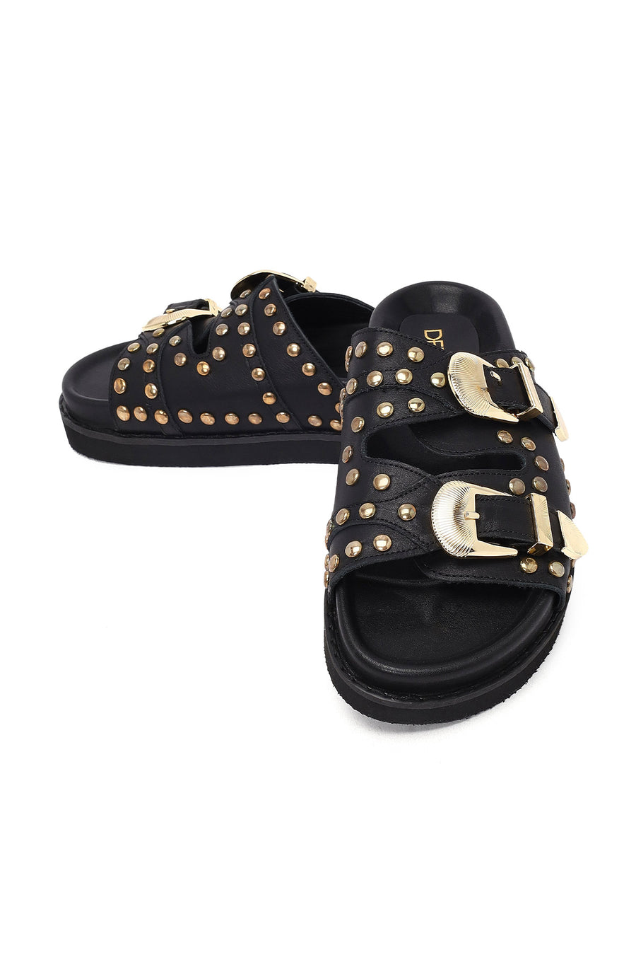 Women's Black Buckled Studded Leather Slippers