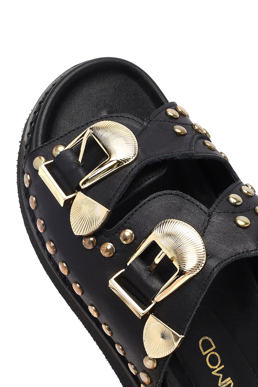 Women's Black Buckled Studded Leather Slippers