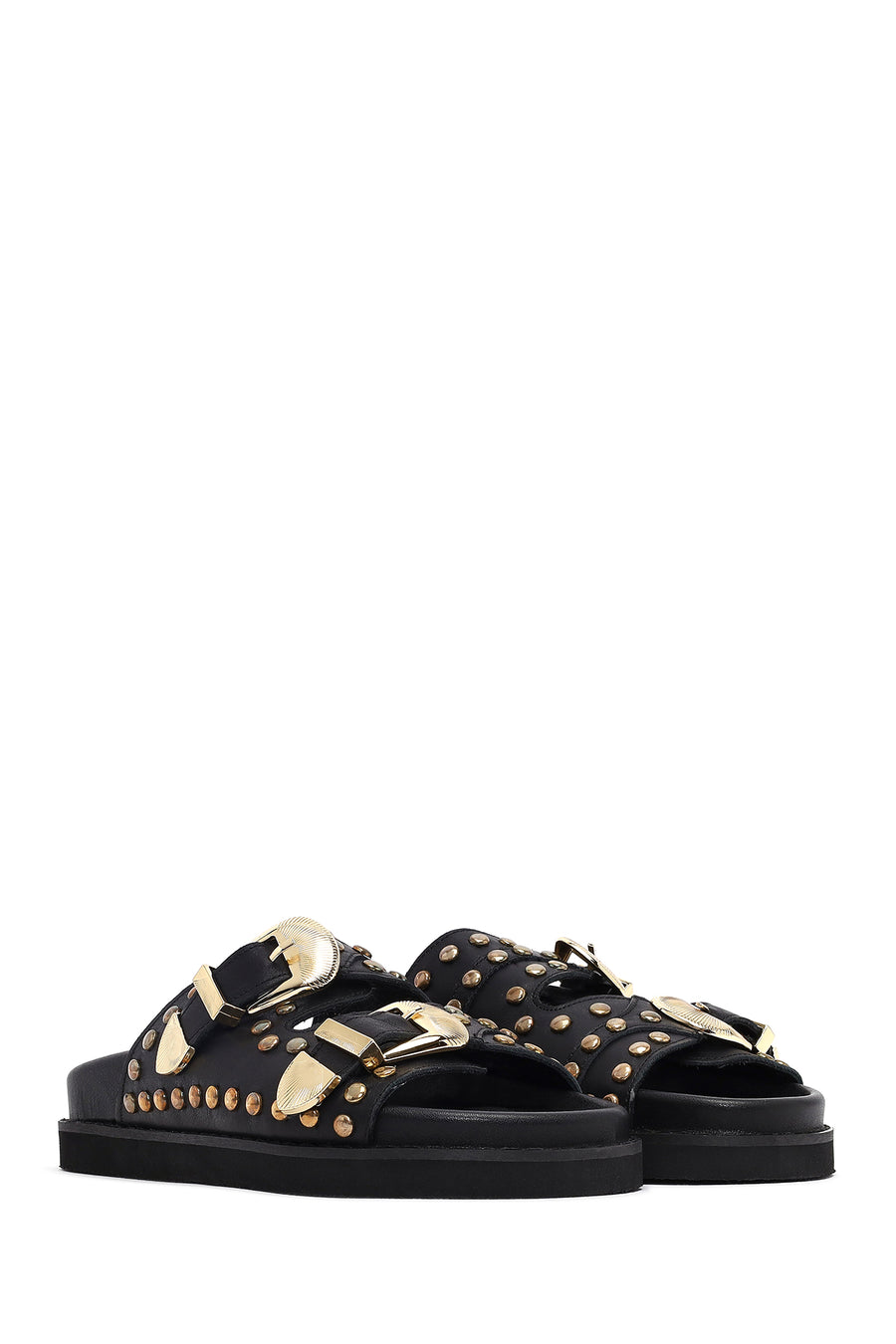 Women's Black Buckled Studded Leather Slippers