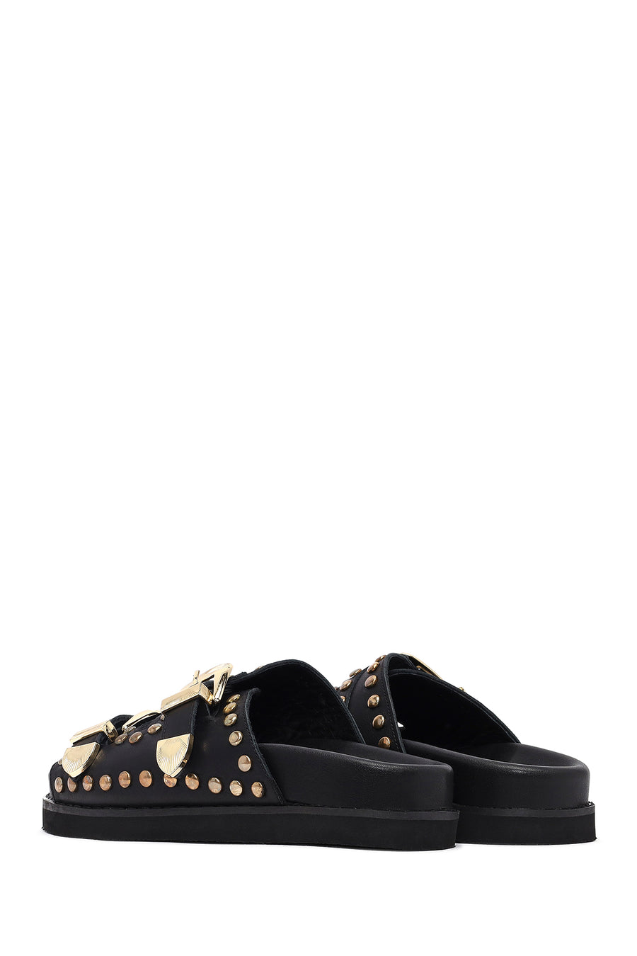 Women's Black Buckled Studded Leather Slippers