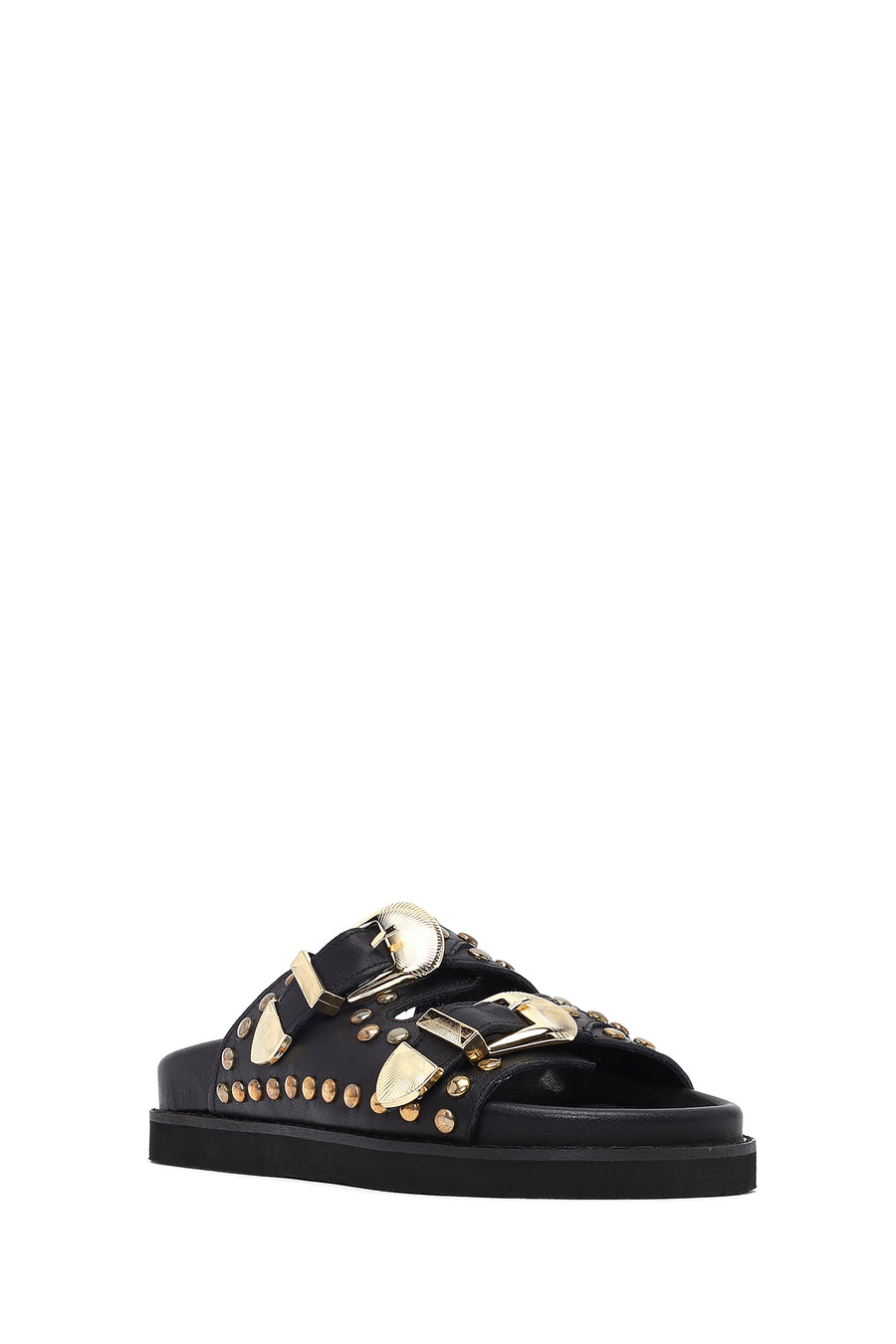 Women's Black Buckled Studded Leather Slippers