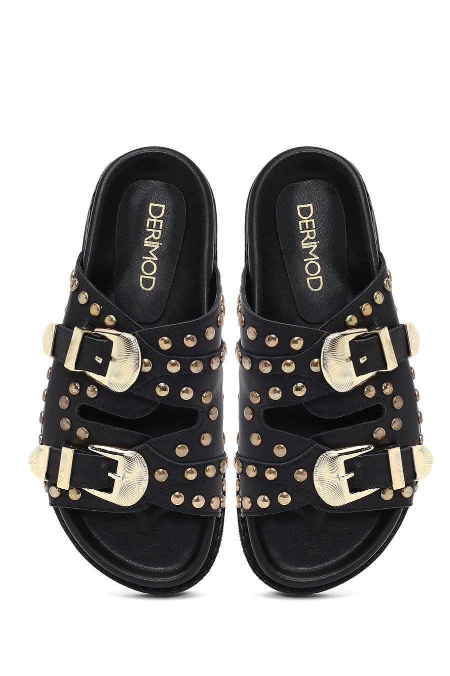 Women's Black Buckled Studded Leather Slippers