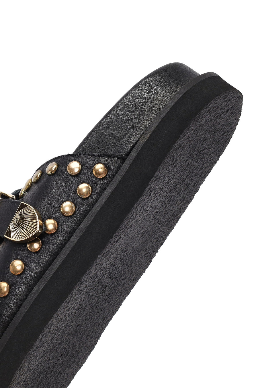 Women's Black Buckled Studded Leather Slippers