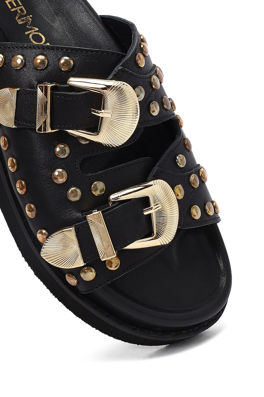 Women's Black Buckled Studded Leather Slippers