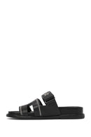 Women's Black Striped Patterned Leather Slippers | Derimod