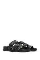 Women's Black Striped Patterned Leather Slippers | Derimod