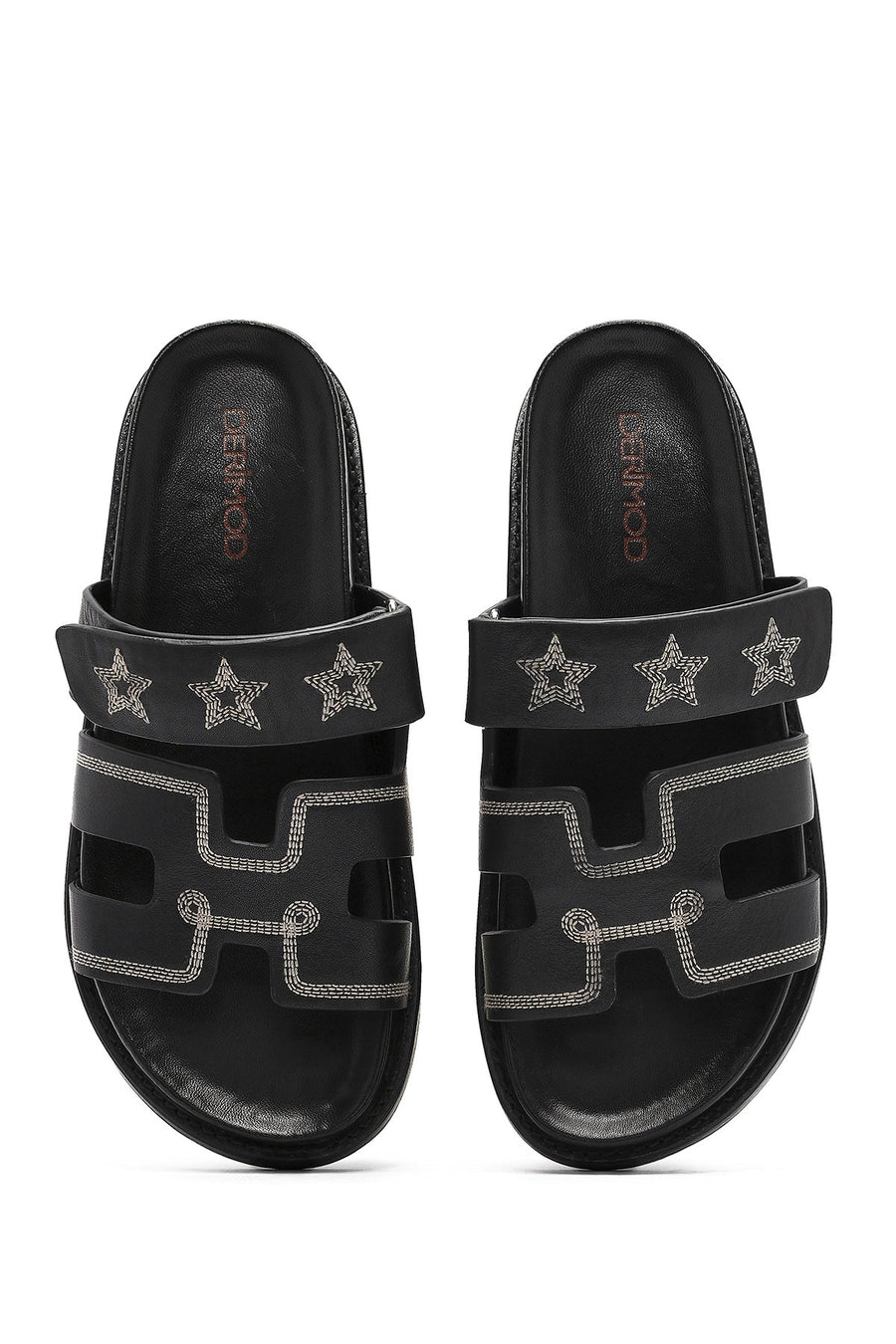 Women's Black Striped Patterned Leather Slippers