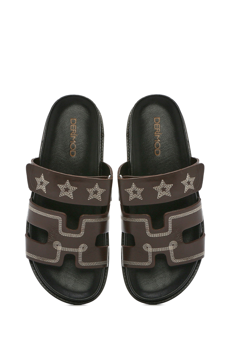 Women's Brown Striped Patterned Leather Slippers