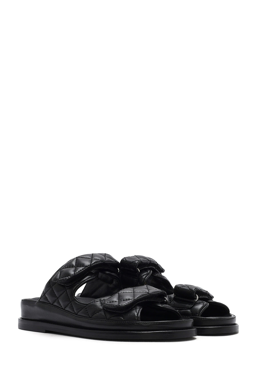 Women's Black Banded Quilted Patterned Leather Slippers