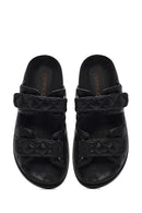 Women's Black Banded Quilted Patterned Leather Slippers | Derimod
