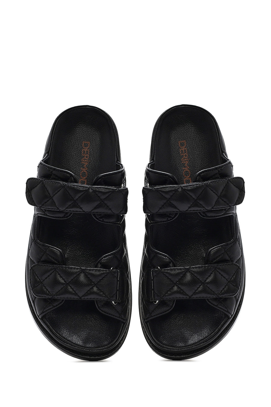 Women's Black Banded Quilted Patterned Leather Slippers