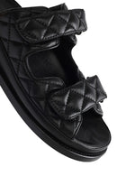 Women's Black Banded Quilted Patterned Leather Slippers | Derimod