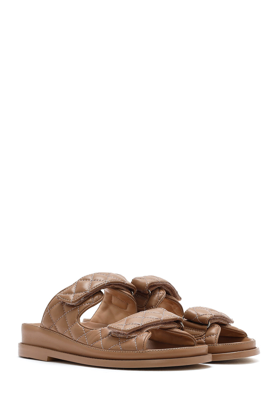 Women's Brown Banded Quilted Patterned Leather Slippers