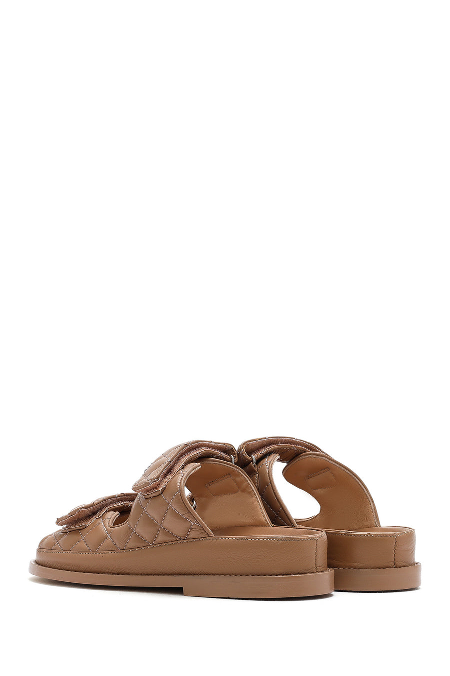 Women's Brown Banded Quilted Patterned Leather Slippers