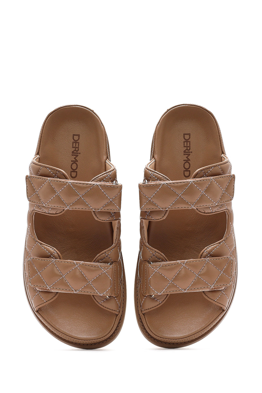 Women's Brown Banded Quilted Patterned Leather Slippers