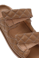 Women's Brown Banded Quilted Patterned Leather Slippers | Derimod