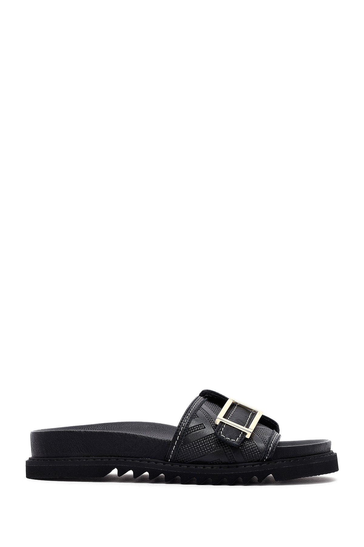 Women's Black Buckle Leather Slippers 25SFD230218 | Derimod