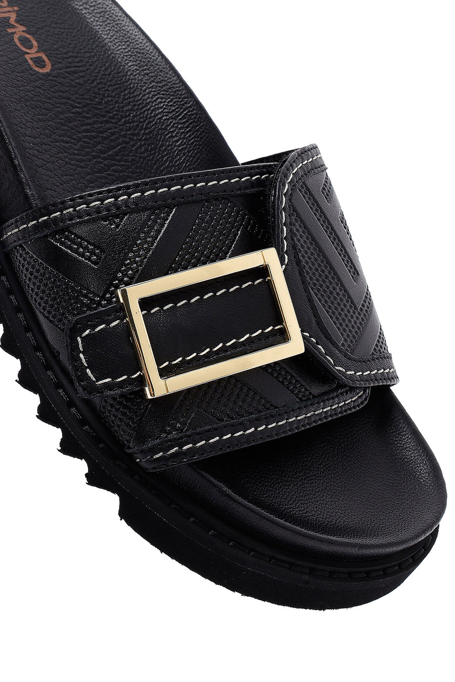 Women's Black Buckle Leather Slippers