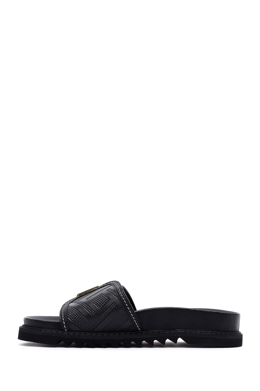 Women's Black Buckle Leather Slippers