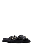 Women's Black Buckle Leather Slippers | Derimod
