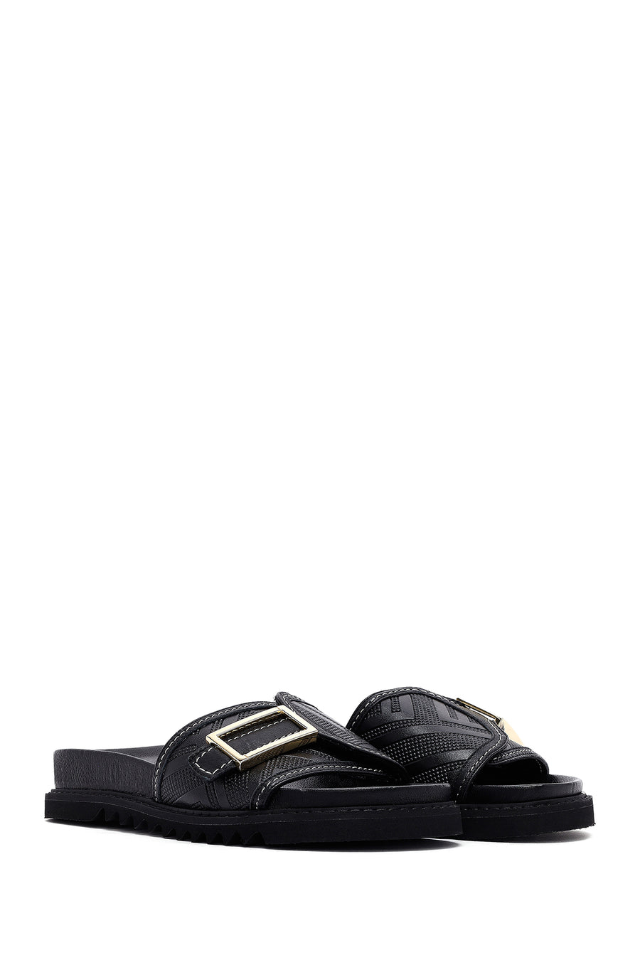 Women's Black Buckle Leather Slippers