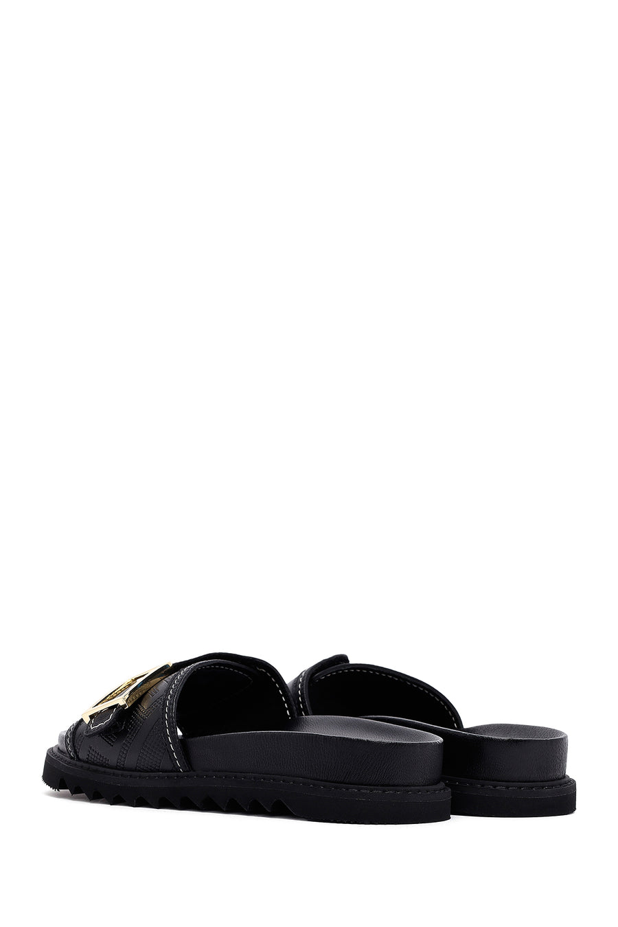 Women's Black Buckle Leather Slippers