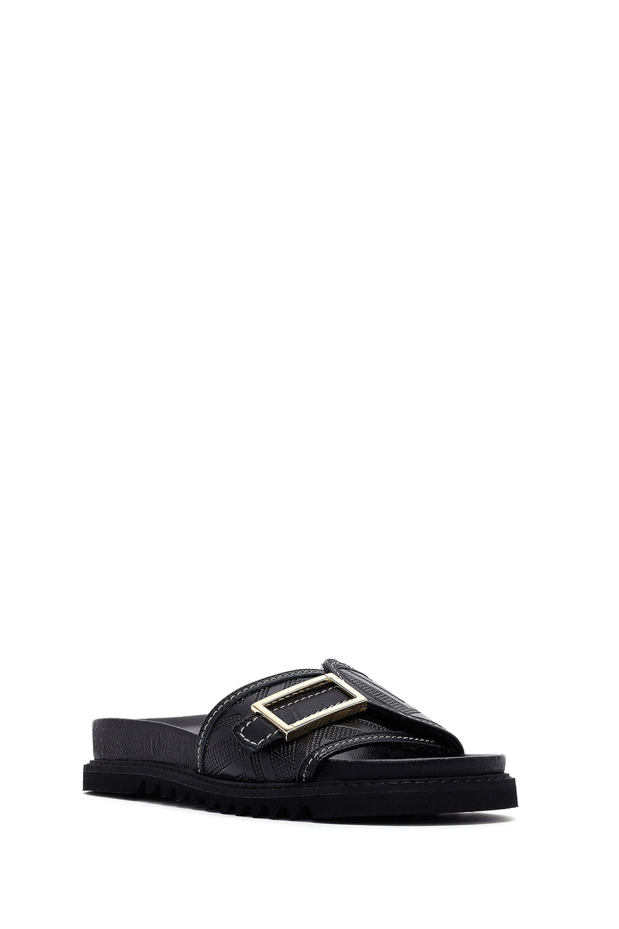 Women's Black Buckle Leather Slippers