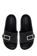 Women's Black Buckle Leather Slippers | Derimod