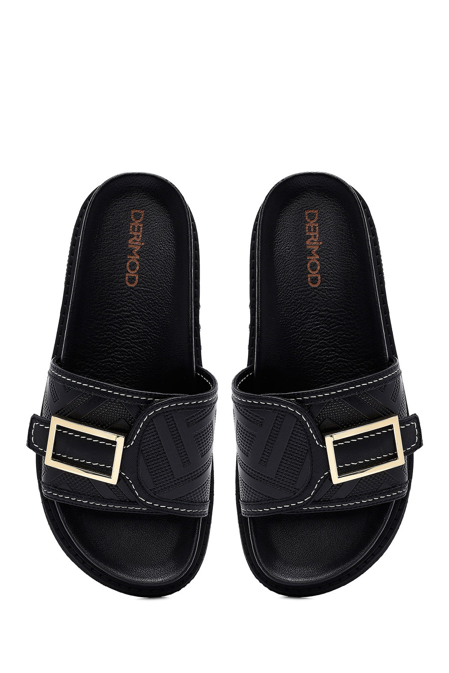 Women's Black Buckle Leather Slippers