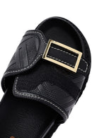 Women's Black Buckle Leather Slippers | Derimod