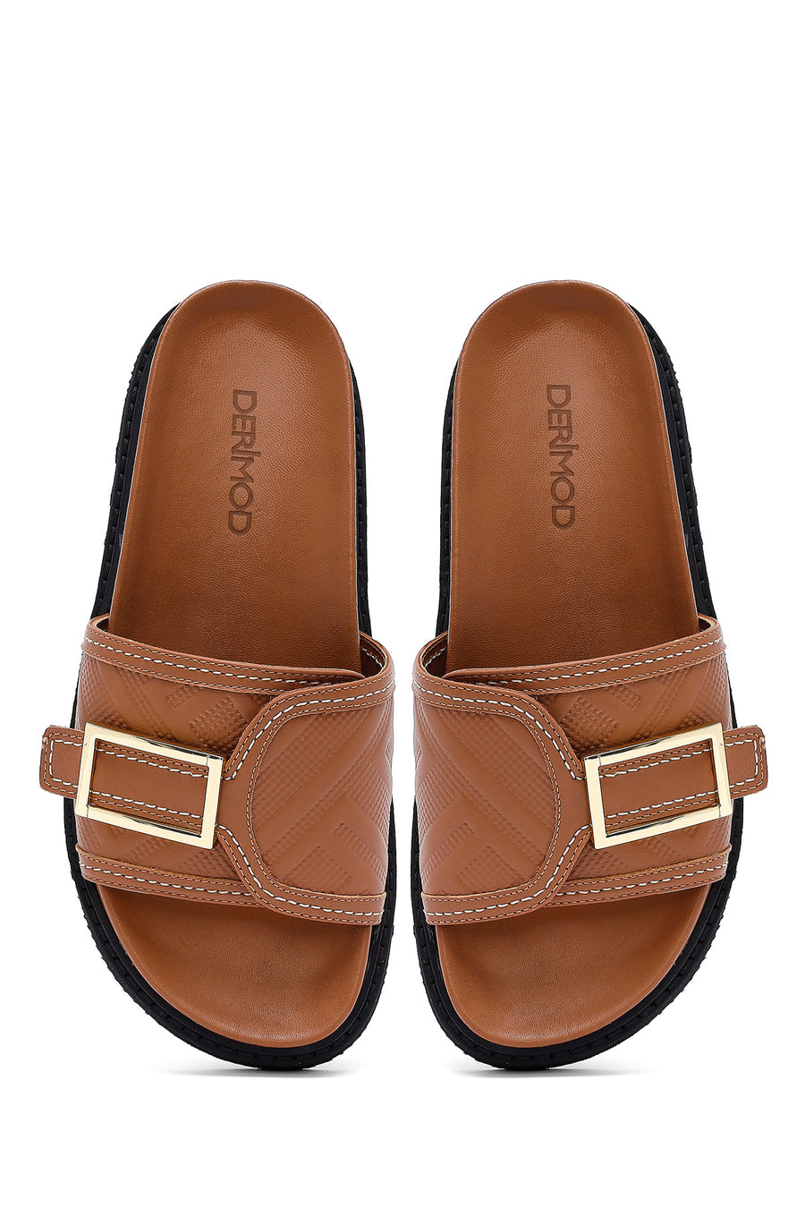 
Women's Tan Buckled Leather Slippers
